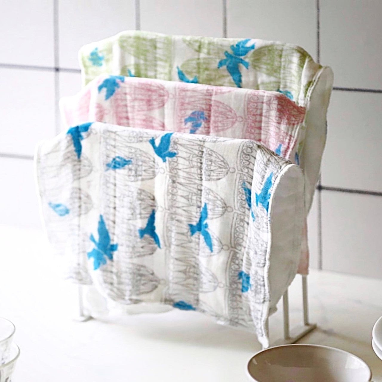 Shirayuki Japanese Fine Mesh Kitchen Cloth - Pink Blue Birds